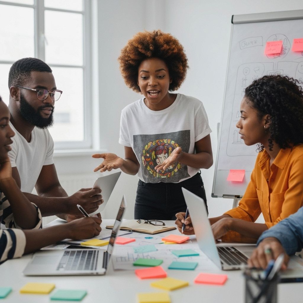 Professional African team collaborating on digital marketing